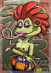 amphibian anthro bracelet breasts clothed clothing ear_piercing female first_porn_of_franchise frog hentai_boy jewelry long_tongue loretta piercing solo street_frogs tongue topless undressing