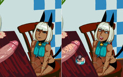 aka6 animal_ears blue_eyes cat_ears catgirl chair collar dark_skin feline female food food_play humanoid licking licking_lips male mammal nadia_fortune penis scar sequence skullgirls solo_focus table tagme tongue tongue_out tuna white_hair