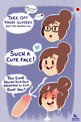 1boy 1girls after_oral aftersex ahe_gao chibi cum dialogue drunkengeneral ejaculation eyewear facial female glasses heart mei_(overwatch) oral oral_sex orgasm overwatch smile speech_bubble