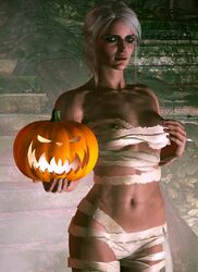 1girls 3d 5_fingers abs areolae bandage breasts cd_projekt_red ciri eyebrows eyelashes female female_only green_eyes halloween hands hips human injury lipstick looking_at_viewer nipples nose pink_lipstick pumpkins scar short_hair silver_hair small_breasts solo source_filmmaker stomach the_witcher_(series) the_witcher_3:_wild_hunt thighs white_hair