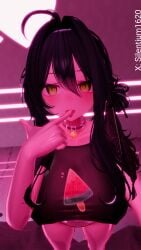 1girls apple_green_eyes bangs bangs_between_eyes bell_collar big_breasts big_eyes big_forehead black_hair black_shirt black_topwear breasts cat_bell collar crop_top crop_top_overhang female front_view green_eyes hair_between_eyes light-skinned_female light_skin long_bangs panties red_collar selfie silentium1620 silya t-shirt tagme tongue tongue_out underboob vrchat vrchat_avatar watermelon_print watermelon_slice