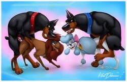 14:9 accessory animal_genitalia animal_penis balls bodily_fluids border bow_ribbon brown_body brown_fur canid canine canine_genitalia canine_penis canis collar desoto_(disney) digital_media_(artwork) disney dobermann domestic_dog erection eyeshadow feet female female_penetrated feral feral_on_feral feral_penetrated feral_penetrating feral_penetrating_feral from_behind_position fur genital_fluids genitals georgette_(oliver_and_company) group hair_accessory hair_ribbon half-closed_eyes hi_res hunting_dog klaus_doberman knot looking_pleasured makeup male male/female male_penetrating male_penetrating_female mammal muscular muscular_feral muscular_male narrowed_eyes oliver_and_company open_mouth parallel_sex paws penetration penile penile_penetration penis pinscher poodle ribbons rita_(oliver_and_company) roscoe_(disney) saliva saliva_string saluki sex sighthound smile tail teeth toes tongue tongue_out vaginal_penetration white_border