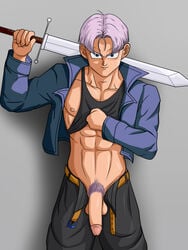 1boy abs bfgm dragon_ball dragon_ball_z flaccid future_trunks male male_only penis pubic_hair solo sword trunks_briefs weapon