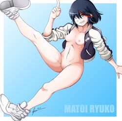 black_hair blue_eyes breasts breasts_out female index_finger_raised jacket kill_la_kill looking_at_viewer matoi_ryuuko monteferro navel nipples open_clothes open_jacket open_shirt pussy red_hair ribs short_hair smile sneakers solo two_tone_hair