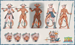 aedus angry back_view bbc-chan blush cheerful clothed demon_girl feet female front_view full-length_portrait full_length grey_hair horns laughing lava looking_at_viewer model_sheet monster_girl muscular muscular_female nude portrait sad serious short_hair solo spear standing tail toenail_polish weapon