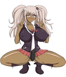 1girls blue_eyes breasts cleavage danganronpa dark-skinned_female dark_skin double_v erect_nipples female gyaru hair_ornament huge_breasts human junko_enoshima kneehighs kuro_gyaru long_hair looking_at_viewer musuka_(muska) nipples smile solo spread_legs squatting straight_hair thick_thighs tied_hair twintails v