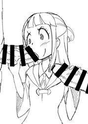 4shi akko_kagari atsuko_kagari big_penis censor_bar censored dress kagari_atsuko little_witch_academia monochrome multiple_boys multiple_males multiple_penises oral_sex penis sketch