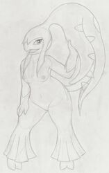 1girls anthro anthrofied areolae breasts drool fangs female infamousrel large_tongue licking looking_at_viewer mawile monochrome navel nintendo nipples nude open_mouth pokemon pokemon_(species) pose pussy saliva sketch solo tongue video_games