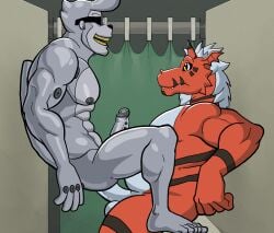 abs anal anal_sex animated anthro balls bandai_namco digimon digimon_(species) duo erection eyewear genitals growlmon hair haplorhine hi_res hunter-husky male male/male male_penetrated male_penetrating male_penetrating_male mammal metaletemon metallic_body monkey muscular muscular_anthro muscular_male nipples nude pecs penetration penile penile_penetration penis penis_in_ass power_bottom primate red_body scalie sex shower shower_curtain sunglasses white_hair