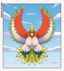 anthro areola avian_feet beak big_breasts border breasts claws cloud feathers female front_view generation_2_pokemon genitals green_body green_eyes green_feathers hi_res ho-oh huge_breasts legendary_pokemon michi_plaga nintendo nipples nude open_mouth pink_areola pink_nipples pokemon pokemon_(species) red_body red_feathers sky solo tail tail_feathers thick_thighs vulva white_body white_border white_claws white_feathers wide_hips winged_arms wings