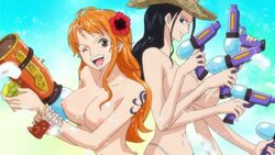 2girls akuma_no_mi black_hair breasts brown_eyes female female_only hana_hana_no_mi large_breasts long_hair looking_at_viewer multiple_girls nami nico_robin nipples nude one_piece orange_hair post-timeskip s10collage screenshot_edit water_gun wink