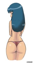 1girls ass back back_view blue_eyes blue_hair canime dawn_(pokemon) female human long_hair looking_at_viewer looking_back panties pokemon solo text thigh_gap thong topless white_background