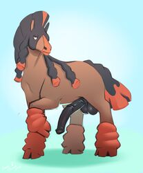 1boy 2016 absurd_res anatomically_correct anatomically_correct_penis animal_genitalia animal_penis big_penis black_hair black_penis blue_background brown_fur clydesdale draft_horse dreadlocks equine equine_penis erection feral fur grey_eyes hair hi_res hooves horse horsecock looking_at_viewer male male_only mammal mudsdale nintendo penis pokemon pokemon_sm revadiehard simple_background solo tail testicles text video_games