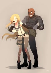 1boy 1girls 1male absurdres assertive assertive_male binbougami_ga! blonde_hair blush clothed_sex clothing dark-skinned_male dark_skin female from_behind long_hair male metal_gear_solid_v momiji_(binbougami_ga!) open_mouth panties panties_aside restrained sillygirl sinner suprise_sex surprised thighhighs wide_eyed yellow_eyes