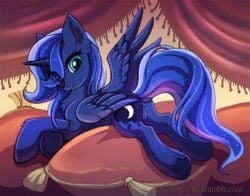 2018 alicorn anus ass blue_eyes blue_feathers blue_hair cutie_mark digital_media_(artwork) equine eyelashes feathered_wings feathers female feral friendship_is_magic hair hooves horn ketty-leopardess long_hair looking_at_viewer mammal my_little_pony princess_luna_(mlp) pussy smile solo translucent_hair underhoof wings