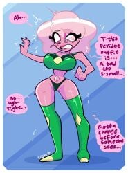 1girls blightstar blush cosplay dialogue english_text eyeshadow gem_on_belly large_breasts lipstick peridot_(cosplay) pink_body pink_diamond_(steven_universe) pink_eyes pink_hair solo speech_bubble standing steven_universe tagme tight_clothing too_small_clothes trying_on_clothes wide_hips