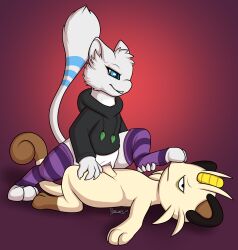 2025 3_toes 4_claws 4_fingers absurd_res anthro anthro_on_anthro anthro_penetrated anthro_penetrating anthro_penetrating_anthro biped black_clothing black_ears black_hoodie black_topwear blue_eyes blue_markings blue_stripes blue_tail bottomless bottomless_anthro bottomless_female brown_body brown_fur brown_inner_ear brown_markings brown_tail brown_tail_tip claws clitoris clothed clothed_anthro clothed_female clothing cowgirl_position curled_tail dated dipstick_tail duo erection eyelashes fan_character feet felid feline female female_on_top female_penetrated finger_claws fingers footwear from_front_position fur fur_markings generation_1_pokemon genitals hi_res hoodie interspecies itsdraconix leg_markings legendary_pokemon legwear looking_down looking_down_at_another looking_down_at_partner male male/female male_on_bottom male_penetrating male_penetrating_female mammal markings meowth mew_(pokemon) mouth_closed multicolored_tail nintendo nude nude_anthro nude_male on_bottom on_top pattern_clothing pattern_footwear pattern_legwear pattern_socks penetration penile penile_penetration penis penis_in_vagina pink_clitoris pink_vulva pokemon pokemon_(species) purple_clothing purple_footwear purple_socks purple_stripes raised_tail semi-anthro sex signature simple_background smile smiling_at_another smiling_at_partner smirk smirking_at_another smirking_at_partner snout socks socks_(marking) striped_body striped_clothing striped_footwear striped_fur striped_markings striped_socks stripes tail tail_markings tay_vee teeth toes topwear two_tone_tail vaginal_penetration vulva white_body white_claws white_ears white_fur white_inner_ear white_nose white_penis white_tail yuki_(side_b)