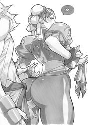 1boy 1girls arm_grab ass blush bun_cover capcom china_dress chinese_clothes chun-li clothed_sex cum cum_in_pussy cum_inside daikon_(artist) dat_ass double_bun dress female fingerless_gloves forced_in_fabric from_behind functionally_nude gloves hair_bun heart looking_back male monochrome pantyhose partially_clothed pelvic_curtain penis ryu_(street_fighter) sex smile spiked_bracelet spikes standing_sex straight street_fighter testicles through_clothes vaginal_penetration veiny_penis