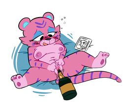 alcohol animal_crossing anthro beverage blush breasts champagne claudia_(animal_crossing) drunk feline female fur k.k._slider legs_up mammal masturbation nintendo nipples nude pink_fur purple_stripes pussy pussy_juice samoyena simple_background solo tiger video_games