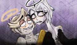 abel_(hazbin_hotel) after_sex angel bite_mark blood blush caterina_gold duo female hair halo hazbin_hotel kiss_mark lute_(hazbin_hotel) male male/female nude open_mouth open_smile pleasure_face prosthetic_arm simple_background smile straight sweat teeth white_hair wings