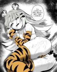 1girls anal anal_beads anal_object_insertion animal_ears animal_print bikini blunt_bangs bondage bound bound_wrists breasts commentary crying cum cum_on_ass cum_on_body detached_sleeves drooling english_commentary english_text green_eyes greyscale highres ju_fufu kemonomimi kunitoro kunitoro_(artist) long_hair lying monochrome object_insertion on_side orange_bikini orange_thighhighs petite rope saliva sex_toy sleeves_past_wrists small_breasts spot_color streaming_tears striped_hair swimsuit tail tears thighhighs thighs tiger_ears tiger_girl tiger_print tiger_tail typo zenless_zone_zero