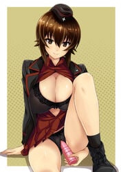 black_bra black_panties blush bow_panties bra breasts brown_eyes brown_hair cameltoe cleavage crotch dildo eitarou_(kaminari_neko) female girls_und_panzer hat large_breasts looking_at_viewer masturbation nishizumi_maho open_clothes open_shirt outside_border panties pleated_skirt school_uniform shirt sitting skirt smile solo spread_legs thighs upskirt