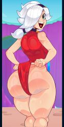 ass_focus brawl_stars choker colette_(brawl_stars) endorx huge_ass pale-skinned_female ponytail red_swimsuit sharp_teeth swimsuit swimsuit_colette_(brawl_stars) tagme white_hair