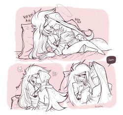 1boy 1boy1girl 1girls 2025 2d bedding belly_button blush blush_lines breasts cherri_bomb cherri_bomb_(hazbin_hotel) clothing color comic cyclops fangs female halo hazbin_hotel heart heart_symbol horny horny_male kissing looking_at_another making_out male nipples pajamas pillow sheets sir_pentious sir_pentious_(hazbin_hotel) snake text text_bubble twiggietime vivienne_medrano watermark wholesome