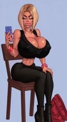 1girls ai_generated american_flag animated areolae ashley_(thepit) bag big_breasts bimbo blonde_hair bob_cut breasts brown_eyes busty chair earrings erect_nipples female_only high_heels holding_object huge_breasts huge_lips phone tagme theofficialpit_edits video