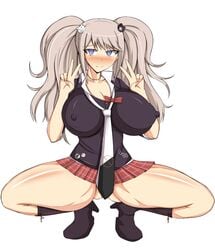 1girls blue_eyes breasts cleavage danganronpa double_v erect_nipples female gyaru hair_ornament huge_breasts human junko_enoshima long_hair looking_at_viewer musuka_(muska) nipples smile solo spread_legs squatting straight_hair thick_thighs tied_hair twintails v