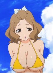 animated bare_shoulders big_breasts bikini bikini_top blue_sky breasts brown_eyes clouds female female_focus female_only hair_ribbon huge_breasts jiggling_breasts kaneko_hiraku kouzuki_momoko lipstick looking_down micro_bikini official_animation open_mouth overflowing_breasts short_hair sky swimsuit swimwear talking talking_to_another valkyrie_drive valkyrie_drive_-mermaid- white_ribbon yellow_bikini yellow_swimsuit