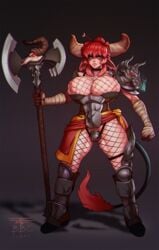 1girls 2016 animal_ears armor axe bbc-chan blue_eyes bovine calixa clothing cow_horns cow_humanoid cow_tail demon_girl female fishnet fishnet_stockings full-length_portrait full_length hairpin horns minotaur minotaur_female monster_girl original portrait red_hair solo standing taboolicious weapon