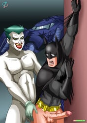 2boys against_wall anal_penetration anal_sex batman batman_(series) batmobile bbmbbf bottomless cape cmnm dc_comics erect_while_penetrated erection gay green_eyes green_gloves green_hair large_penis looking_back male_nipples mouth_open palcomix questionable_consent rear_deliveries red_lips retracted_foreskin superhero supervillain tagme the_joker utility_belt white_skin yaoi yellow_sclera