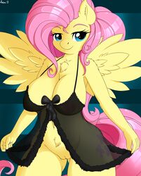 2016 absurd_res anthro anthrofied areola breasts chest_tuft cutie_mark equine eyelashes feathered_wings feathers female fluttershy_(mlp) friendship_is_magic fur furry highres long_hair looking_at_viewer mammal my_little_pony navel nipples pegasus pink_hair pussy see-through smile solo spread_wings straight_hair tuft wings yellow_fur ziemniax