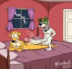 2025 2boys anthro anthro_only bed bedroom big_dick big_penis canine crazy_smile digital_media doritohead english_text larger_male larger_male_smaller_male muscular muscular_anthro muscular_anthro_male muscular_male naked naked_male nude_male on_bed otis_(son penis_on_ass penis_on_butt penis_out raining smaller_male smaller_male_larger_male tapping the_mask thunderstorm too_big too_big_to_fit wally_pembroke whap worried worried_expression