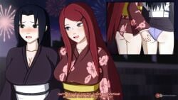 2milfs 3d ass ass_focus ass_grab big_ass big_breasts black_hair cheating cheating_wife cleavage commentary dialogue embarrassed english_text female female_focus female_only festival fireworks floral_print floral_print_kimono grabbing grabbing_another's_ass grabbing_ass groping groping_ass groping_from_behind happy_new_year japanese_clothes kimono koikatsu long_hair looking_at_another looking_at_partner mature mature_female milf multiple_girls naruto naruto_(series) naruto_shippuden naughty_face new_year night obi otsukira outdoors public_exposure public_indecency red_hair smile stealth stealth_sex talking talking_to_another teasing text uchiha_mikoto uncensored underwear uzumaki_kushina very_long_hair watermark yukata yuri