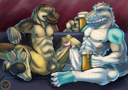 2016 abs alcohol anthro balls beer beverage claws crocodile crocodilian dinosaur drinking duo erection frottage jakensitou lizard male muscular muscular_male nipples nude paws penis reptile rubbing scalie sex simple_background sitting smile spread_legs spreading teeth yaoi