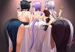 3girls artist_request ass ass_outline back back_view backboob bent_over bent_over_table big_ass big_breasts big_butt black_hair booty breasts_visible_from_back curvy curvy_hips cute cute_female fancy_clothing fancy_dress female female_only gold_ship_(umamusume) hand_on_ass horse_ears horse_girl horse_tail legs mejiro_mcqueen_(umamusume) mejiro_ramonu_(umamusume) milf mom_with_daughter mommy multiple_girls nice_ass nice_body purple_hair round_ass round_butt sexy sexy_ass sexy_female showing_off_ass sideboob silver_hair thick_thighs umamusume umamusume_pretty_derby