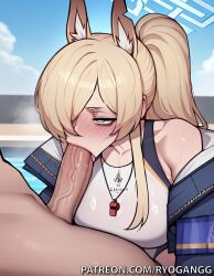 1female 1girls 2d 2d_(artwork) ai_generated alternate_costume animal_ear_fluff animal_ears blonde_hair blowjob blue_archive blue_eyes dog_ears female hair_over_one_eye high_ponytail high_resolution highres kanna_(blue_archive) kanna_(swimsuit)_(blue_archive) large_ass large_breasts large_tits light-skinned_female light_skin long_hair official_alternate_costume one-piece_swimsuit patreon patreon_username pool poolside ryogangg swimsuit swimwear touching_breast
