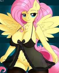 2016 absurd_res anthro anthrofied areola black_legwear breasts chest_tuft cutie_mark equine eyelashes feathered_wings feathers female fluttershy_(mlp) friendship_is_magic fur highres long_hair looking_at_viewer mammal my_little_pony navel nipples pegasus pink_hair pussy smile solo spread_wings straight_hair thighhighs tuft wings yellow_fur ziemniax