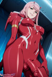 1futa ai_generated bodysuit bulge bulge_through_clothing darling_in_the_franxx eyeshadow futa_only futanari green_eyes hair_ornament hairband hand_on_thigh horns latex long_hair looking_at_viewer medium_breasts penis pink_hair plugsuit posing_for_the_viewer sailorgoonart skin_tight smile testicles zero_two_(darling_in_the_franxx)