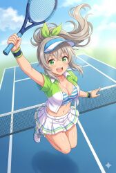 ai_generated anime_style fanart front_view gray_hair green_eyes happy hazel_(sakura_succubus) ia_generated jumping medium_breasts ponytail sakura_succubus tenis tenis_outfit uncensored wanaca winged_cloud