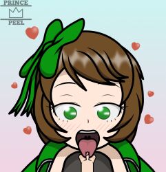 1boy 1girl1boy 1girls big_female big_female_small_male black_gloves blush bow_hairband brown_hair chilling clothed_female_naked_male clothed_female_nude_male female giantess green_bow green_eyes having_fun having_sex heart kylie_(kyliegts) licking_penis looking_at_penis lying_on_hand micro_on_hand naked_male nude_male penis pov princepeel size_difference smaller_male tiny tonguejob uncensored