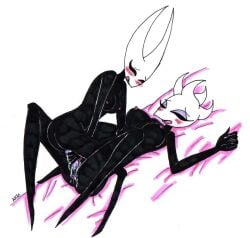 hollow_knight hollow_knight:_silksong hollow_knight_(franchise) team_cherry bug bug_girl 2girls breasts pussy yuri lesbian_sex eternal_emilitia_(hollow_knight) emilitia dildo dildo_in_pussy dildo_penetration hornet_(hollow_knight) spider spider_girl big_breasts large_breasts pussy_juice blushing blushing_female blush blush_lines bed sex_on_bed