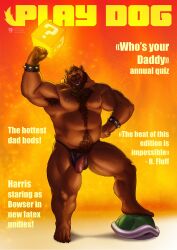 1boy 2025 ?_block anthro areola armpit_hair balls bear beard biceps biped blueteaa body_hair bowser bracelet brown_body brown_fur clothing cosplay cover digital_media_(artwork) ear_piercing ear_ring english_text facial_hair feet foreskin fur furry furry_male furry_only gay genitals glans hair henry_harris_baxter hi_res humanoid_genitalia humanoid_penis jewelry magazine_cover male male_nipples male_only mammal mario_(series) moustache muscles muscular muscular_anthro muscular_male muscular_thighs nintendo nipple_piercing nipple_ring nipples open_mouth open_smile partially_retracted_foreskin pecs penis piercing pinup plantigrade pose quads ring_piercing shell smile solo solo_focus solo_male spiked_bracelet spikes step_pose teeth text thick_thighs thong tongue underwear