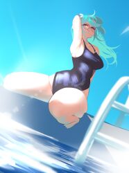armpits blue_hair glasses hair_ornament highres indie_virtual_youtuber kuromikii_(vtuber) pool pool_ladder simple_background swimsuit virtual_youtuber ye_(pixiv83975537)