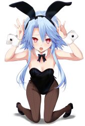 arms_up blanc blue_hair blush bunny_ears bunnysuit fishnets goddess iwasi_r leotard light_skin looking_at_viewer neptunia_(series) open_mouth petite presenting red_eyes shiny_skin smiling solo white_heart_(neptunia)