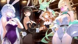 wuthering_waves chisa_(wuthering_waves) mornye_(wuthering_waves) sigrika_(wuthering_waves) lynae_(wuthering_waves) white_hair long_hair purple_eyes bunnysuit bunny_ears purple_bunnysuit white_bunny_ears black_hair red_eyes black_bunnysuit pantyhose black_pantyhose orange_hair blue_eyes bar behind_bar sideboob breasts big_breasts blonde_hair blonde_female blonde blonde-haired_female white_bunnysuit alcohol female 4girls multiple_girls