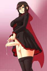 1futa balls bottomless_skirt breasts brown_hair cum curvy erection erection_under_clothes erection_under_skirt foreskin futa_only futanari intersex large_breasts large_penis looking_at_viewer necrosmos no_panties penis penis_out penis_under_clothes penis_under_skirt precum precum_drip ruby_rose rwby sagging_balls skirt skirt_lift solo uncircumcised