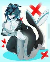 2016 anthro areola big_breasts blue_eyes blue_hair breasts cetacean clue_(artist) covering covering_breasts cute female hair heart horn hybrid kneeling looking_at_viewer mammal marine navel nude orca solo whale